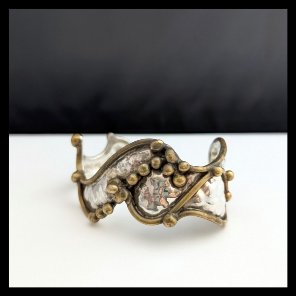 📌Vtg. Stunning Sterling Brutalism Cuff Bracelet with Brass Details